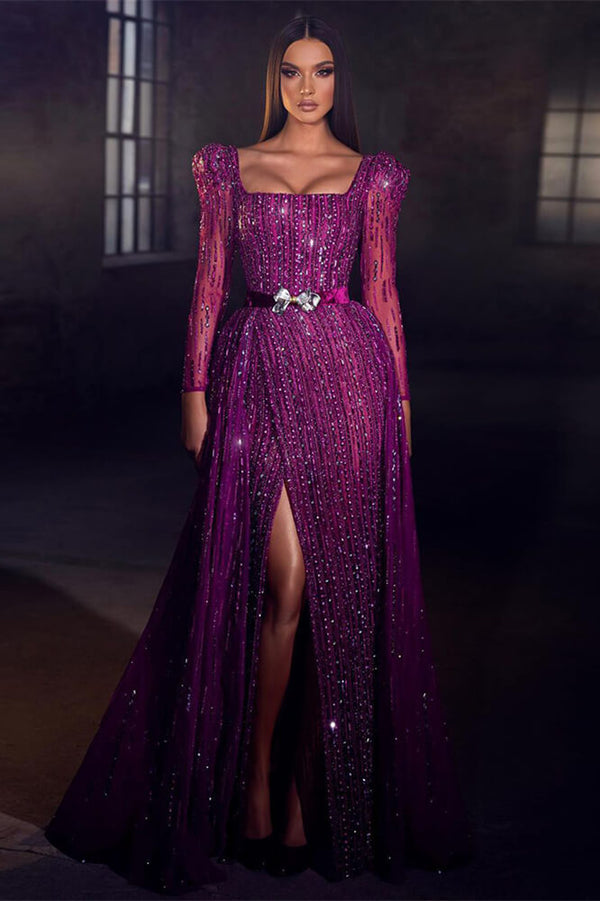 Chic Purple Square Prom Dress Mermaid Long Sleeves Beadings With Split-Ballbella