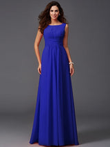 A-Line Charming Scoop Ruffles Sleeveless Long Chiffon Bridesmaid Dresses