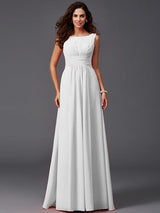 A-Line Charming Scoop Ruffles Sleeveless Long Chiffon Bridesmaid Dresses