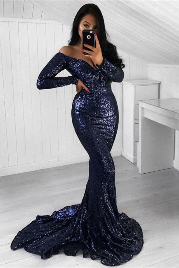 Chic Sequined Mermaid Long Sleeves Mermaid Off Shoulder Prom Party Gowns-Ballbella