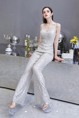 Chic Shining V-neck Silver Sequin Sleeveless Prom Jumpsuit-Ballbella