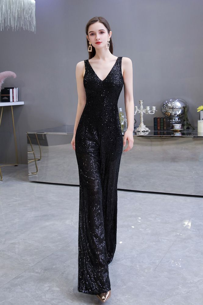 Chic Shining V-neck Silver Sequin Sleeveless Prom Jumpsuit-Ballbella