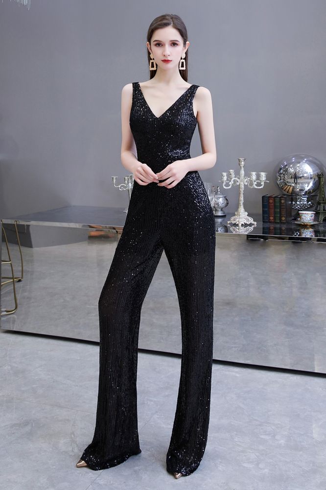 Chic Shining V-neck Silver Sequin Sleeveless Prom Jumpsuit-Ballbella