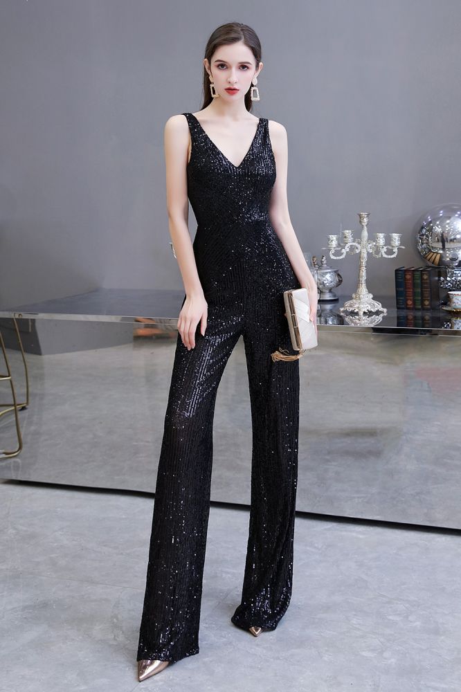 Chic Shining V-neck Silver Sequin Sleeveless Prom Jumpsuit-Ballbella