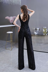 Chic Shining V-neck Silver Sequin Sleeveless Prom Jumpsuit-Ballbella