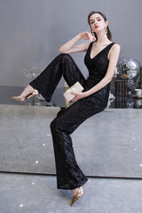 Chic Shining V-neck Silver Sequin Sleeveless Prom Jumpsuit-Ballbella