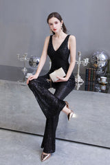 Chic Shining V-neck Silver Sequin Sleeveless Prom Jumpsuit-Ballbella