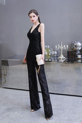 Chic Shining V-neck Silver Sequin Sleeveless Prom Jumpsuit-Ballbella