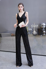 Chic Shining V-neck Silver Sequin Sleeveless Prom Jumpsuit-Ballbella