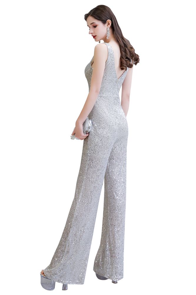 Chic Shining V-neck Silver Sequin Sleeveless Prom Jumpsuit-Ballbella