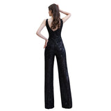 Chic Shining V-neck Silver Sequin Sleeveless Prom Jumpsuit-Ballbella