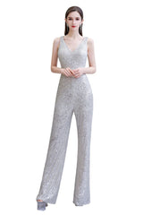 Chic Shining V-neck Silver Sequin Sleeveless Prom Jumpsuit-Ballbella