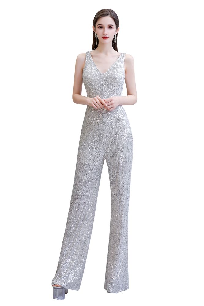 Chic Shining V-neck Silver Sequin Sleeveless Prom Jumpsuit-Ballbella