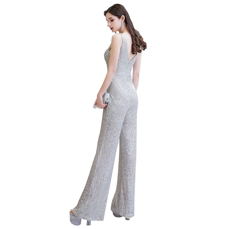 Chic Shining V-neck Silver Sequin Sleeveless Prom Jumpsuit-Ballbella