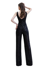 Chic Shining V-neck Silver Sequin Sleeveless Prom Jumpsuit-Ballbella