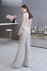 Chic Shining V-neck Silver Sequin Sleeveless Prom Jumpsuit-Ballbella