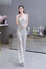 Chic Shining V-neck Silver Sequin Sleeveless Prom Jumpsuit-Ballbella