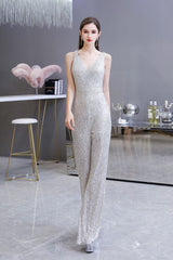 Chic Shining V-neck Silver Sequin Sleeveless Prom Jumpsuit-Ballbella