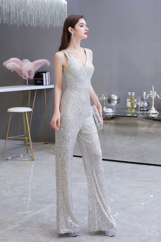 Chic Shining V-neck Silver Sequin Sleeveless Prom Jumpsuit-Ballbella