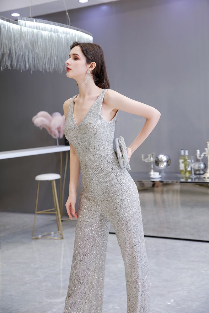 Chic Shining V-neck Silver Sequin Sleeveless Prom Jumpsuit-Ballbella