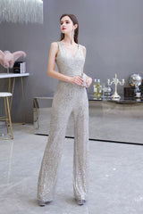 Chic Shining V-neck Silver Sequin Sleeveless Prom Jumpsuit-Ballbella