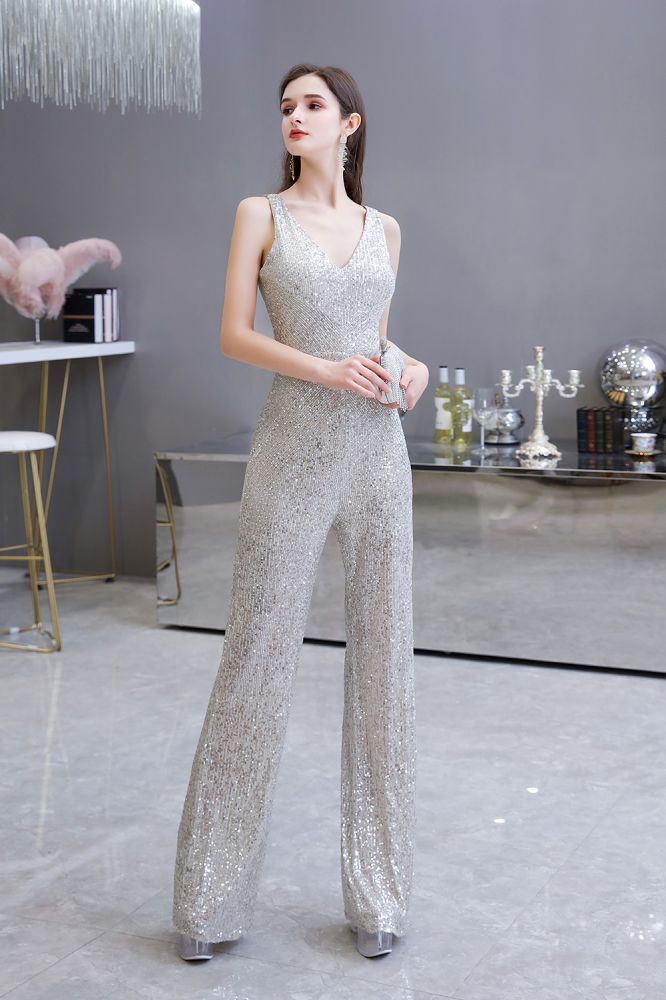 Chic Shining V-neck Silver Sequin Sleeveless Prom Jumpsuit-Ballbella