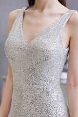 Chic Shining V-neck Silver Sequin Sleeveless Prom Jumpsuit-Ballbella