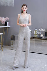 Chic Shining V-neck Silver Sequin Sleeveless Prom Jumpsuit-Ballbella