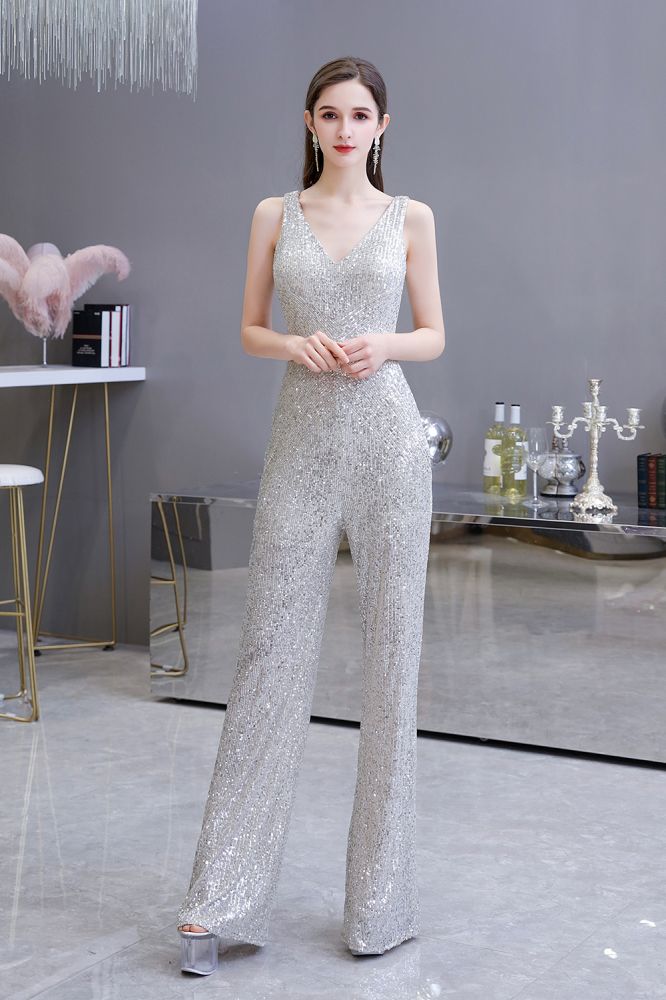 Chic Shining V-neck Silver Sequin Sleeveless Prom Jumpsuit-Ballbella