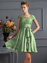 A-Line Charming Scoop Short Sleeves Lace Short Chiffon Bridesmaid Dresses