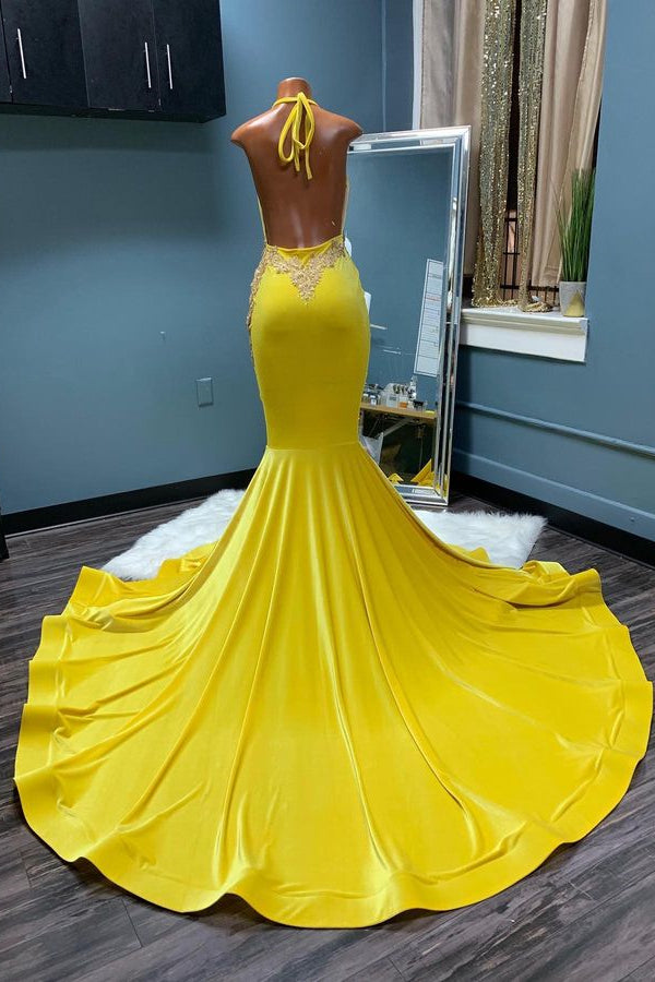 Chic Sleeveless Halter Backless Mermaid Prom Dress-Ballbella