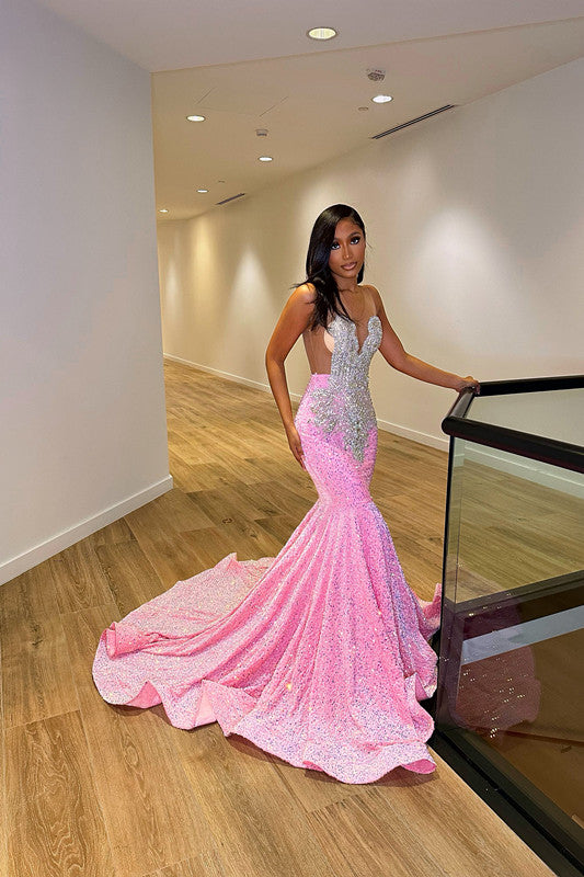 Chic Sleeveless Mermaid Sequins Prom Dresses With Ruffles Long-Ballbella