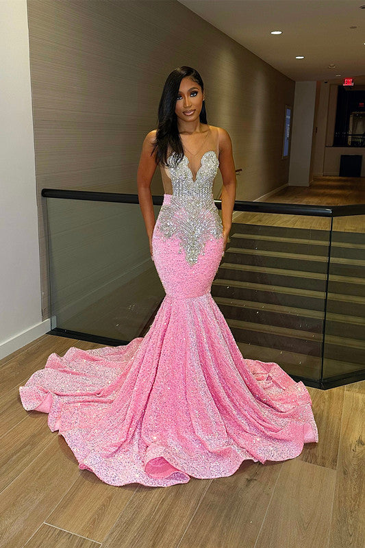 Chic Sleeveless Mermaid Sequins Prom Dresses With Ruffles Long-Ballbella