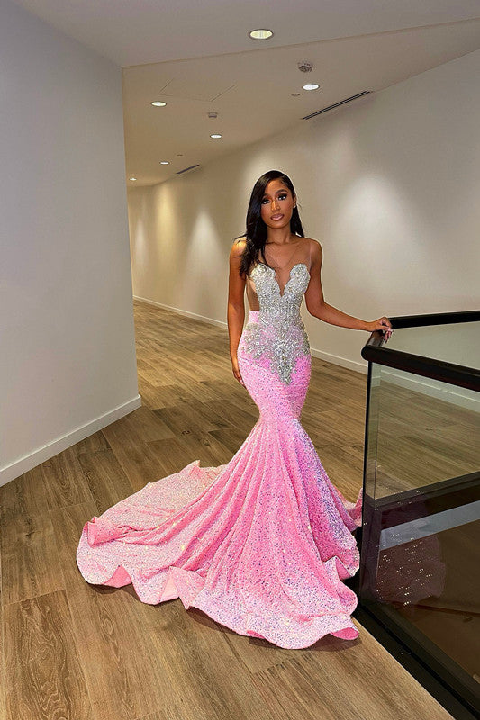 Chic Sleeveless Mermaid Sequins Prom Dresses With Ruffles Long-Ballbella