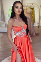 Chic Sleeveless Orange A-Line Prom Dress Slit Long With Beads-Ballbella