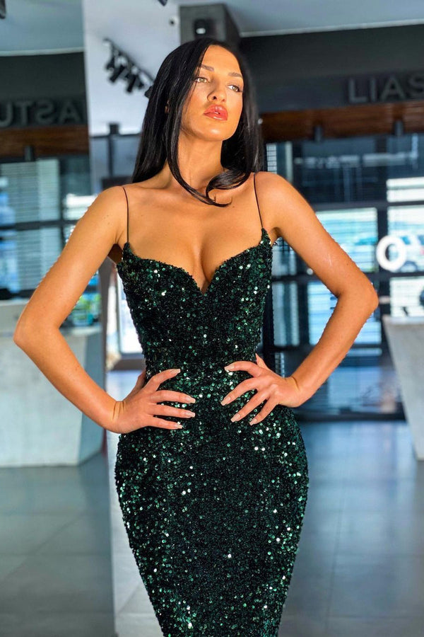 Chic Spaghetti-Straps Green Sequins Prom Dress Mermaid Long Party Gowns-Ballbella