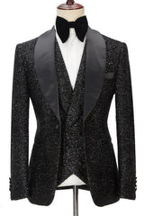 Chic Sparkly Black Three Pieces Shawl Lapel Bespoke Wedding Suit for Men-Ballbella