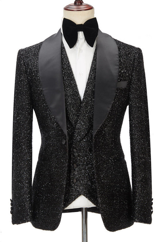 Chic Sparkly Black Three Pieces Shawl Lapel Bespoke Wedding Suit for Men-Ballbella