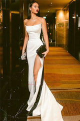 Chic Strapless Side Slit Evening Dresses On Sale Black White Sleeveless Formal Party Dress-Ballbella