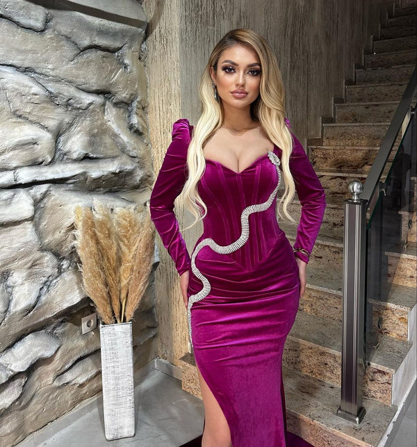 Chic Sweetheart Long Sleeves Mermaid Prom Dresses Long Slit Online-Ballbella