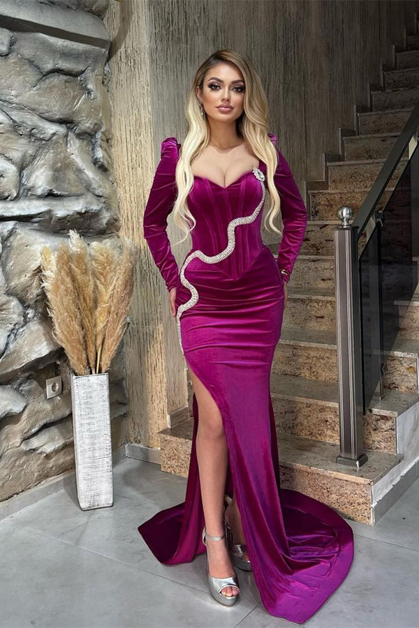 Chic Sweetheart Long Sleeves Mermaid Prom Dresses Long Slit Online-Ballbella