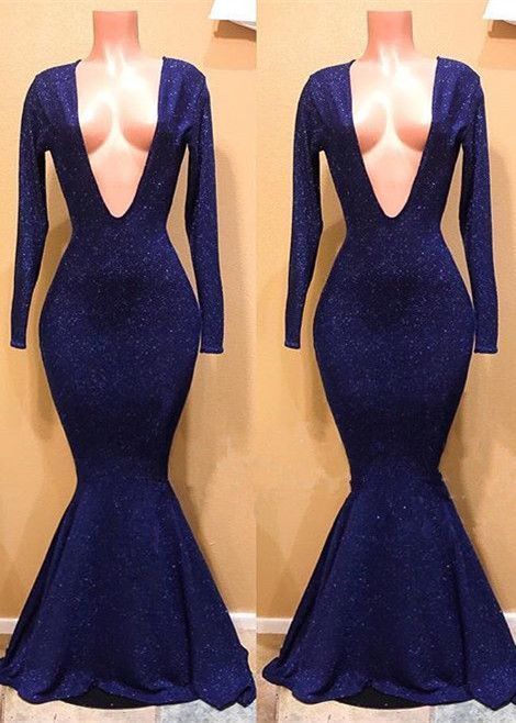 Chic V-neck Long Sleevess Mermaid Sequins Prom Dresses-Ballbella