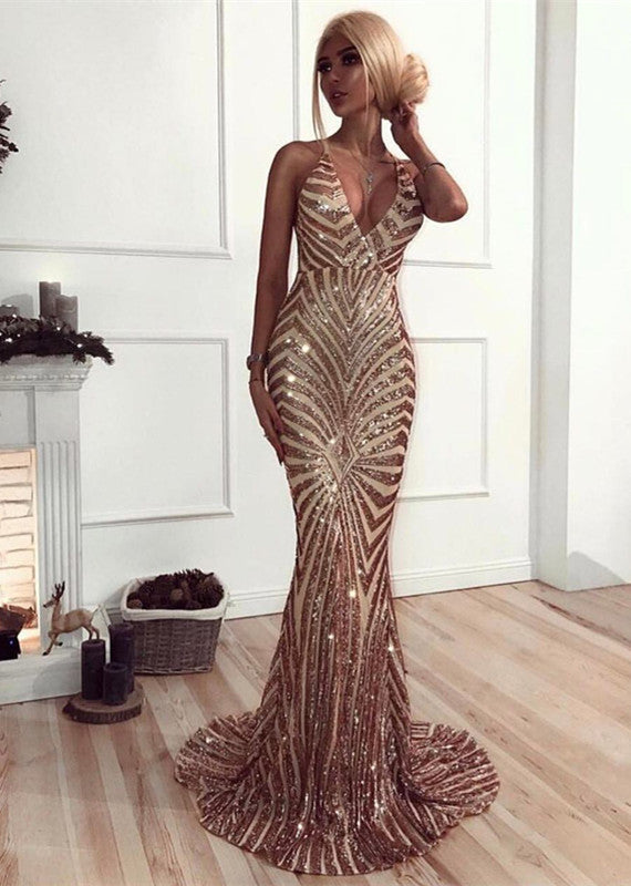 Chic V-Neck Mermaid Prom Party Gowns| Sequins Long Evening Dress-Ballbella