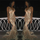 Chic V-Neck Spaghetti Straps Sleeveless Gold Appliques Mermaid Prom Dresses-Ballbella