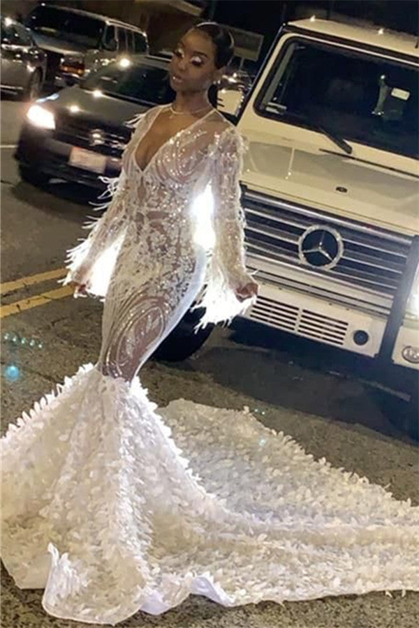 Chic V-neck Sparkle Beads Appliques Prom Dresses Long Sleeves Alluring Fit and Flare Evening Gowns-Ballbella