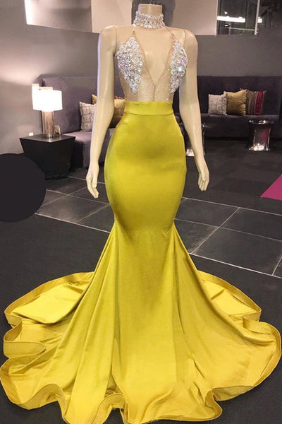 Beautiful Long Tulle Lace Yellow Prom Dress Sleeveless With Sheer Bodice -  $202.6904 #TZ1312 