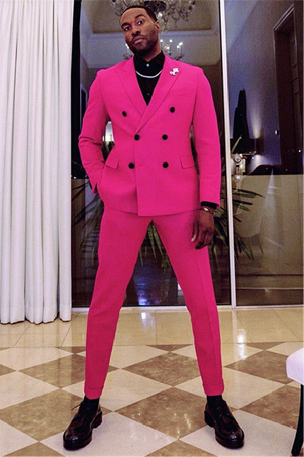 Classic Fuchsia Two Breasted Peaked Lapel Prom Men's Suit For Sale-Ballbella