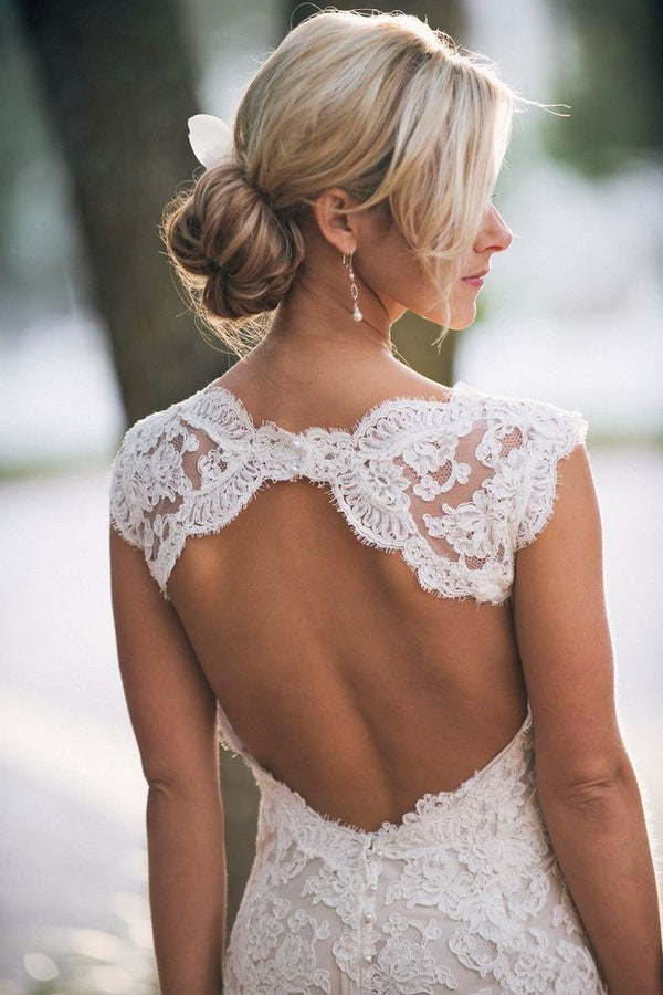 Classic Full Lace Wedding Dress Open Back Sleeveless Summer Bridal Gowns-Ballbella