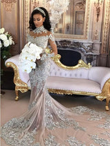 Classic High neck Long Sleevess Mermaid Wedding Dress Silver Tulle Bridal Gowns with Lace Appliques-Ballbella