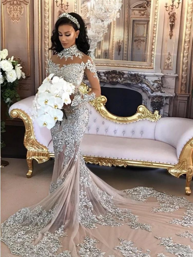 Classic High neck Long Sleevess Mermaid Wedding Dress Silver Tulle Bridal Gowns with Lace Appliques-Ballbella